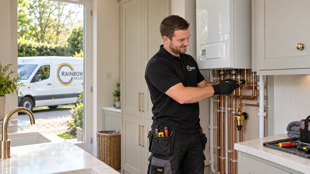 Rainbow Fix Ltd engineer carrying out a boiler installation in Gerrards Cross, Buckinghamshire