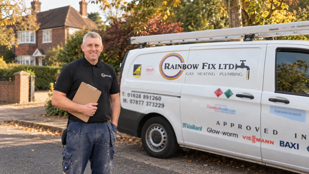 Rainbow Fix Ltd heating engineer beside a branded van on a residential Buckinghamshire street