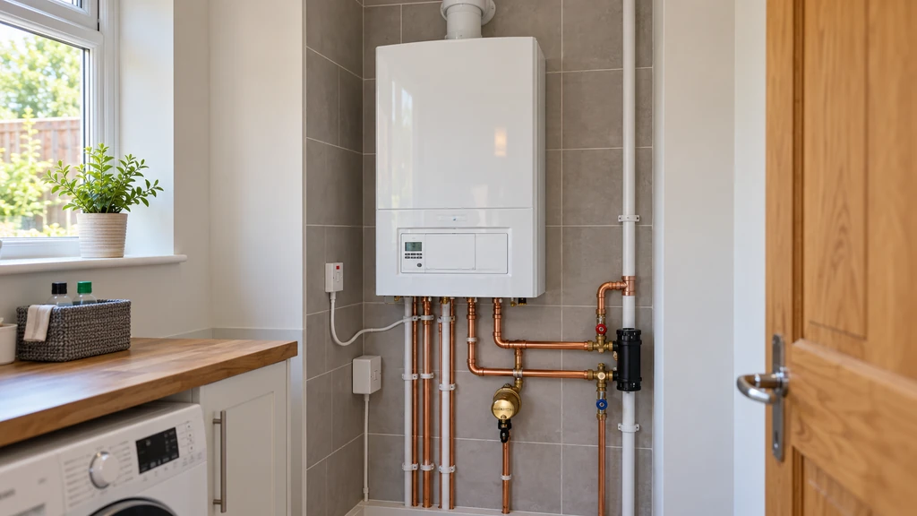 Newly installed combi boiler with copper pipework, fitted by Rainbow Fix Ltd in a Buckinghamshire home