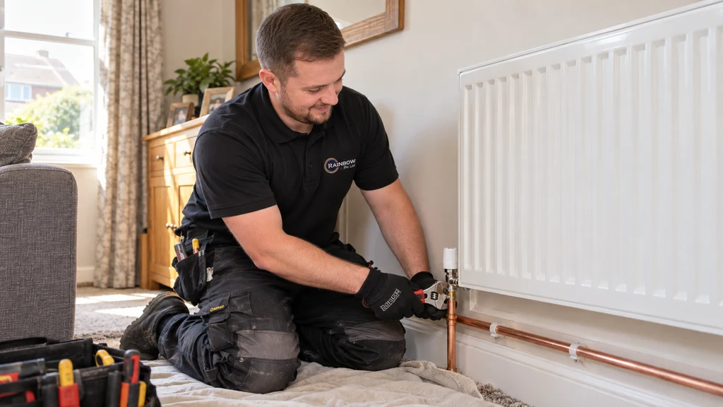Rainbow Fix Ltd engineer repairing and replacing a domestic radiator